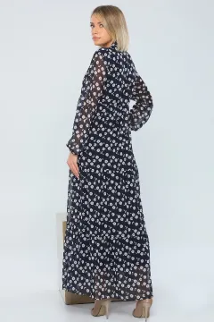 Kadın Hakim Yaka Çiçek Desenli Uzun Şifon Elbise Koyulacivert