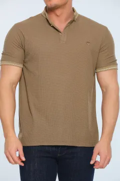 Erkek Likralı Polo Yaka Kendinden Desenli T-shirt Koyuvizon