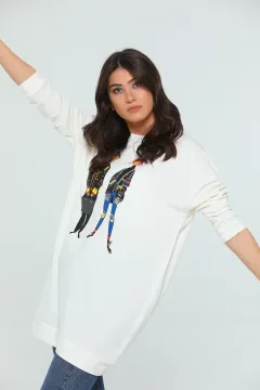 Kadın Salaş Likralı Uzun Kol Tunik Sweatshirt Krem