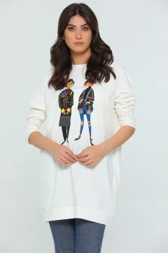 Kadın Salaş Likralı Uzun Kol Tunik Sweatshirt Krem