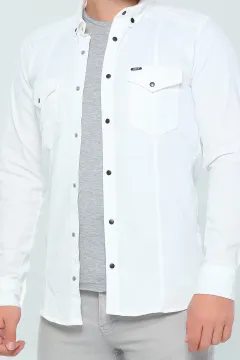 Erkek Likralı Çift Cepli Uzun Kollu Gömlek Krem