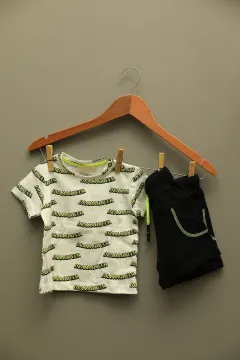 Erkek Bebek Bisiklet Yaka Baskılı T-shirt Şort İkili Takım Krem