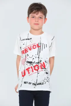 Erkek Çocuk Likralı Bisiklet Yaka Baskılı T-shirt Krem