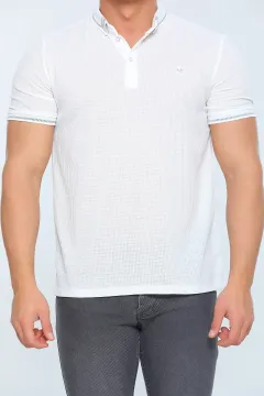Erkek Likralı Polo Yaka Kendinden Desenli T-shirt Krem