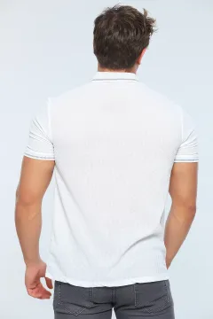 Erkek Likralı Polo Yaka Kendinden Desenli T-shirt Krem