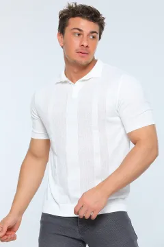 Erkek Likralı Polo Yaka Mevsimlik Triko T-shirt Krem