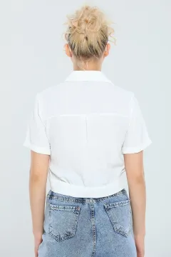 Kadın Kısa Kollu Yazlık Ayrobin Crop Gömlek Ceket Krem