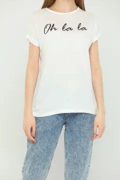 Kadın Likralı Baskılı Salaş T-shirt Krem