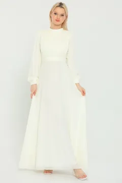 Kadın Modest Önü Piliseli Uzun Tesettür Şifon Elbise Krem