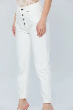 Kadın Yüksek Bel Mom Jeans Pantolon Krem