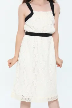 Kız Çocuk Askılı Astarlı Dantel Elbise Krem