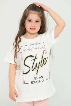 Kız Çocuk Likralı Bisiklet Yaka Baskılı T-shirt Krem