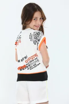 Kız Çocuk Likralı Bisiklet Yaka Kol Detaylı Baskılı T-shirt Krem