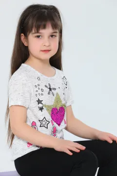 Kız Çocuk Likralı Bisiklet Yaka Pul İşlemeli T-shirt Krem