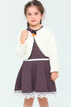 Kız Çocuk Likralı Peluş Hırka Kombinli Desenli Elbise Krembordo