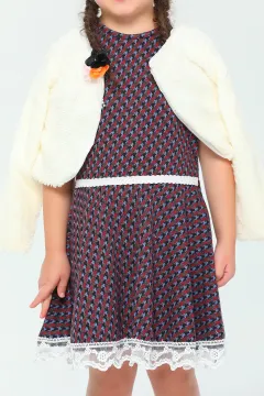 Kız Çocuk Likralı Peluş Hırka Kombinli Desenli Elbise Krembordo