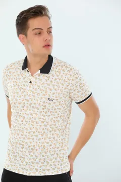 Erkek Likralı Polo Yaka Dijital Baskılı T-shirt Kremhardal