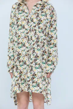 Kadın Retro Çiçek Baskılı Gömlek Tunik Kremkahve