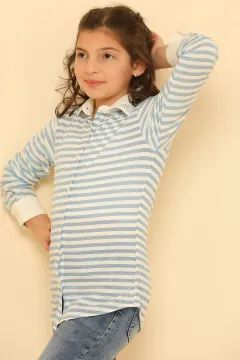 Kız Çocuk Çizgili Yaka Taş Detaylı Gömlek Kremmavili