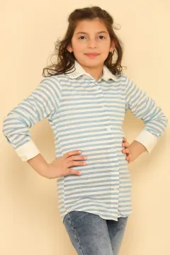 Kız Çocuk Çizgili Yaka Taş Detaylı Gömlek Kremmavili