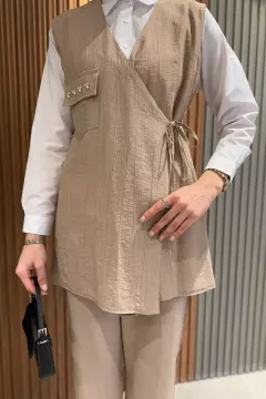 Kruvaze Yaka Taş İşlemeli Bağlamalı Yelek Gömlek Pantolon Tesettür Üçlü Takım Bej