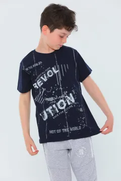 Erkek Çocuk Likralı Bisiklet Yaka Baskılı T-shirt Lacivert
