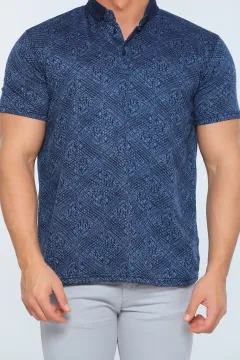 Erkek Likralı Polo Yaka Desenli T-shirt Lacivert