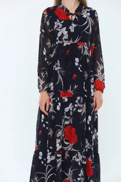 Hakim Yaka Çiçek Desenli Kadın Şifon Elbise Lacivert