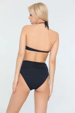 Kadın Likralı Süper Yüksek Bel Boyundan Bağlamalı Hafif Destekli Desenli Bikini Takım Lacivert