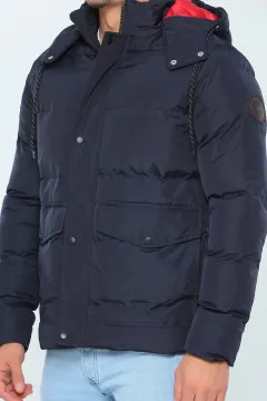 Erkek Kapüşonlu İç Astarlı Kışlık Şişme Mont Lacivert