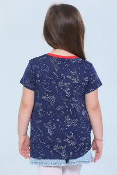 Kız Çocuk Likralı Bisiklet Yaka Baskılı T-shirt Lacivert