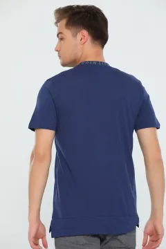 Erkek Oversize Likralı Yaka Baskılı T-shirt Lacivert
