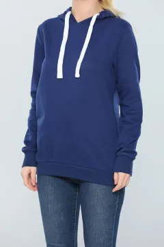 Kadın Likralı Kapüşonlu Basic Sweatshirt Lacivert