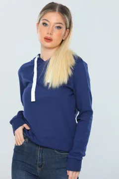 Kadın Likralı Kapüşonlu Basic Sweatshirt Lacivert