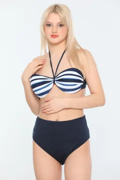 Kadın Likralı Süper Yüksek Bel Boyundan Bağlamalı Hafif Destekli Desenli Bikini Lacivertindigo