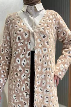 Leopar Desenli Sakallı Tesettür Triko Hırka Bej