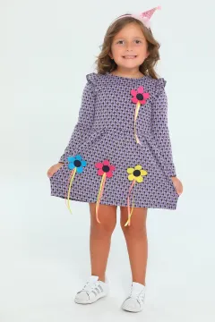 Kız Çocuk Likralı Desenli Elbise Lila
