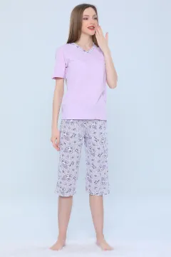 Kadın Likralı V Yaka Desenli Kısa Kollu Kaprili Pijama Takımı Lila