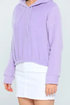 Kadın Likralı Kapüşonlu Şardonlu Crop Sweatshirt Lila