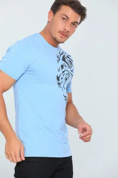 Erkek Likralı Bisiklet Yaka Slim Fit T-shirt Mavi