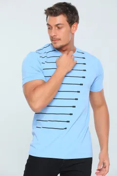 Erkek Likralı Bisiklet Yaka Slim Fit T-shirt Mavi