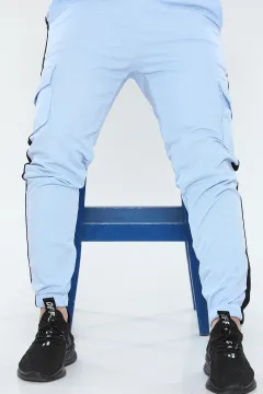 Erkek Kargo Cepli Şeritli Slim Fit Pantolon Eşofman Mavi