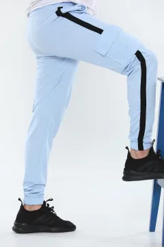 Erkek Kargo Cepli Şeritli Slim Fit Pantolon Eşofman Mavi