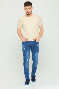 Erkek Likralı Lazer Yırtıklı Slim Fit Jean Pantolon Mavi
