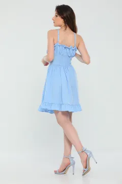 Kadın Ayarlanabilir İp Askılı Eteği Fırfırlı Yazlık Mini Elbise Mavi
