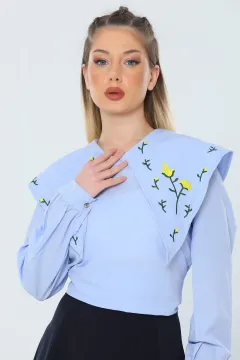 Kadın Bebe Yaka İşlemeli Gömlek Bluz Mavi