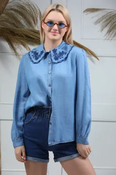 Kadın Bebe Yaka Nakış İşlemeli Jean Gömlek Mavi