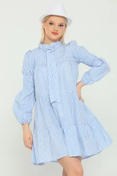 Kadın Çizgili Eteği Katlı Salaş Mini Elbise Mavi