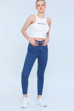 Kadın Likralı Yüksek Bel Jean Pantolon Mavi