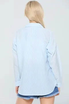 Kadın Oversize Dik Çizgili Uzun Kollu Krinkıl Gömlek Mavi